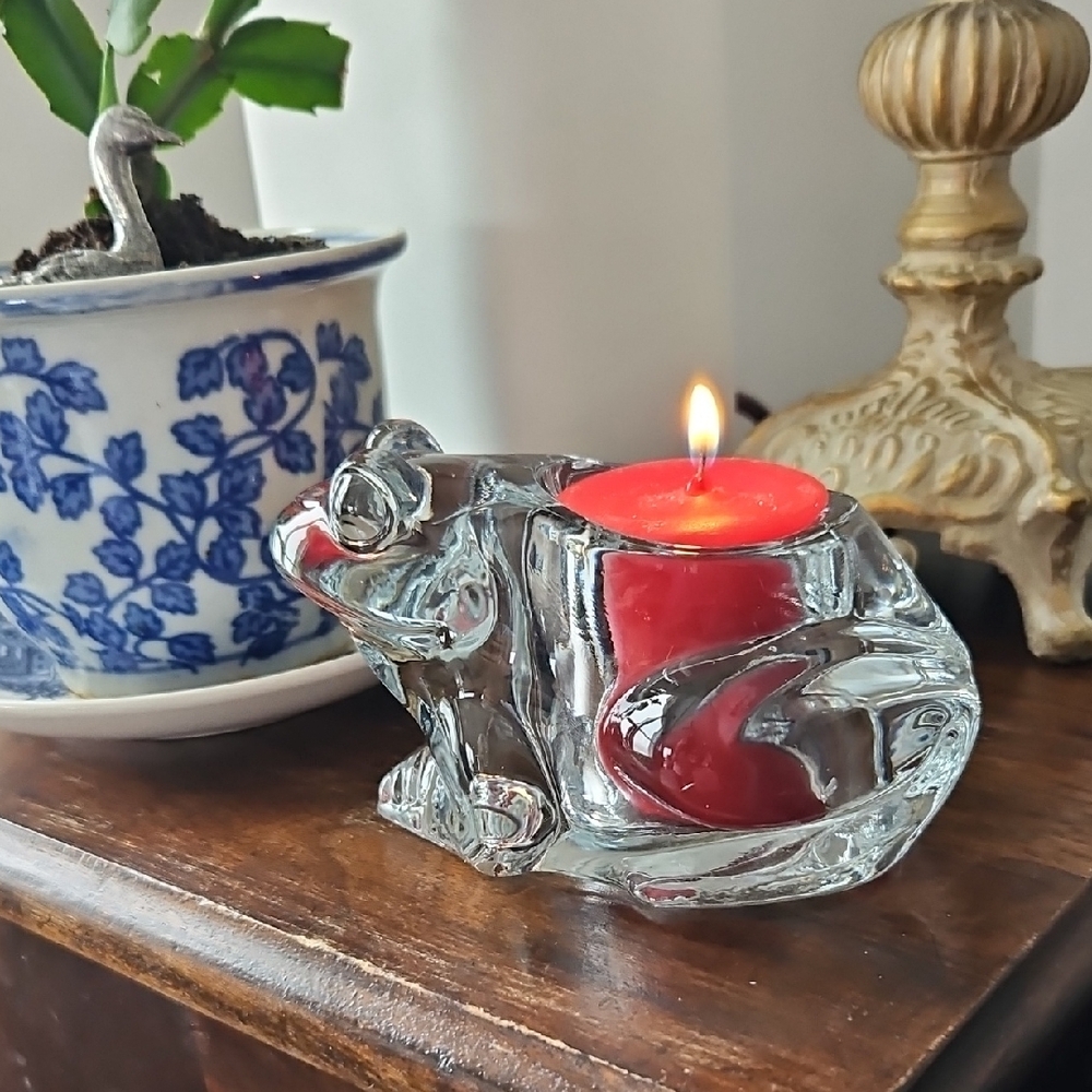 Clear Glass Frog Candle Holder - Indianna Glass Co. - Vintage